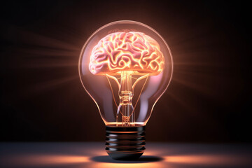 Optical brain in an incandescent light bulb of problem solving ideas and hints in black background. Business concept of success and growth.