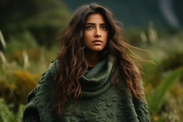 Naklejka premium Young woman tourist in sweater and looking serious