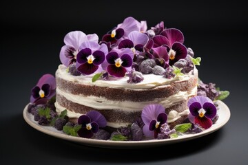A close up of a cake with flowers on it. Fictional image. Eadible flowers decoration.