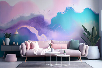 Stylish interior with beautiful abstract painting in purple colors, curved wave in motion. Mural