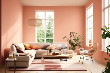 Naklejka na ściany i meble Modern living room with big window in apricot peach fuzz color sunny day. Creative design complex luxury house. Indoors. Monochrome interior. Generative AI.