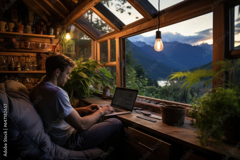 Poster a man sitting on a couch using a laptop computer. fictional image.