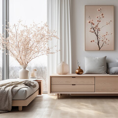 Interior of minimal living room with couch, chest of drawers and vase with pink flowers near the wall, white house, comfortable corner, window light, Generative AI.