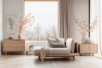 Interior of minimal living room with couch, chest of drawers and vase with pink flowers near the wall, white house, comfortable corner, window light, Generative AI.