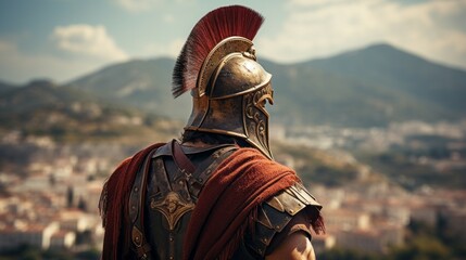 Spartan warrior with blurred ancient city view. Generative AI technology.