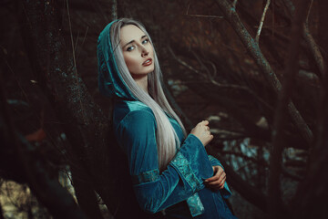 Fairy elfin princess in dead forest. Fantasy conceptual
