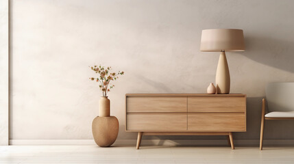 Interior of minimal living room with wooden chair, chest of drawers and vase with flowers near the wall, extremely modern and minimalistic style, white house, moody, window light, Generative AI.