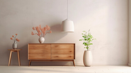 Interior of minimal living room with wooden chair, chest of drawers and vase with flowers near the wall, extremely modern and minimalistic style, white house, moody, window light, Generative AI.