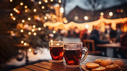 Custom vertical slats with your photo Two glasses of mulled wine on the table, blur Christmas market bokeh lights background