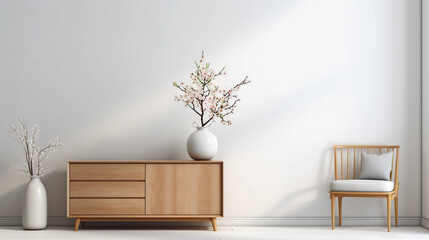 Interior of minimal living room with wooden chair, chest of drawers and vase with flowers near the wall, extremely modern and minimalistic style, white house, moody, window light, Generative AI.