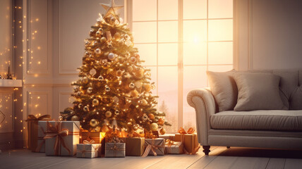 christmas tree with golden decoration in a living room