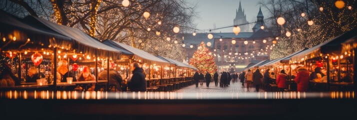 Christmas market bokeh lights background, Winter season holiday celebration - obrazy, fototapety, plakaty