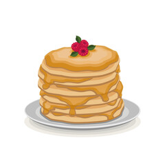 Pancakes with yellow transparent honey and raspberries on a gray plate with a shadow on a white background