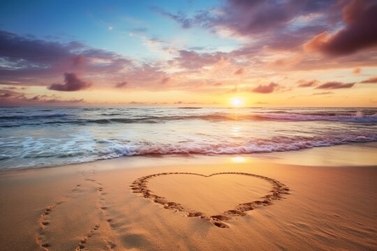 A heart drawn in the sand on a beach at sunrise - travel love