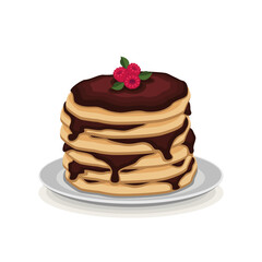 Pancakes with chocolate paste and raspberries on a gray plate with a shadow on a white background