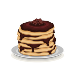 Pancakes with two pieces of chocolate and chocolate paste on a gray plate with a shadow on a white background