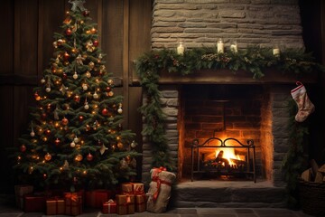 A humble Christmas tree, adorned only with handmade ornaments made of straw and wood, standing proudly by a crackling fireplace