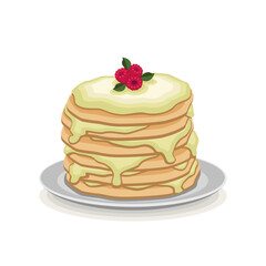 Pancakes with condensed milk and raspberries on a gray plate with a shadow on a white background