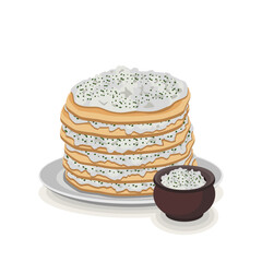 Pancakes with cottage cheese, greenery on a gray plate with a shadow on a white background