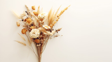 Dried flowers minimalist bouquet flat lay on light background