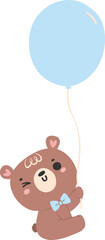 Cute teddy bear with blue balloon, kawaii animal 