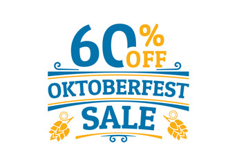 Oktoberfest sale icon, logo or label. 60% price off sign. Beer festival promotion emblem, banner or poster design element. Vector illustration.