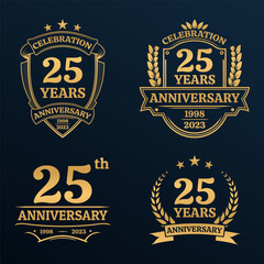 25 years anniversary icon or logo set. Vintage birthday banner design. 25th anniversary jubilee celebration golden badge or label collection. Vector illustration.