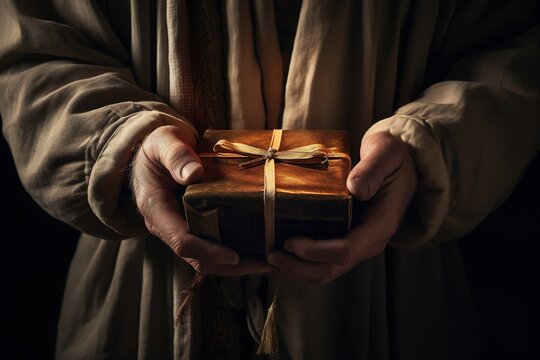 A pair of hands offering a wrapped gift with a humble bow