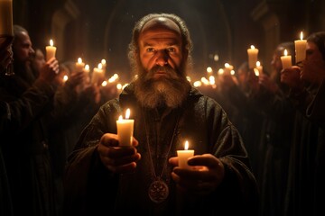 A priest blessing a congregation with holy water during a winter evening Mass, the glow of candles illuminating his face