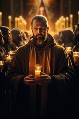 A priest blessing a congregation with holy water during a winter evening Mass, the glow of candles illuminating his face
