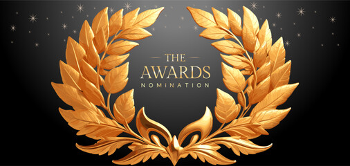 Golden laurel wreath winner award nomination background. 3d realistic design. Award concept background. Luxury premium corporate abstract design template.