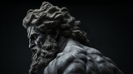 Zeus statue on black background. Generative AI technology.