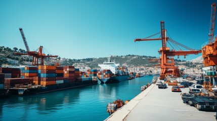 Fototapeta premium Container cargo import export at port background. Delivery global transport trade business concept. Generative AI technology.