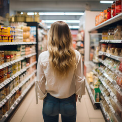 photo of a beautiful young american woman shopping in supermarket and buying groceries and food products in the store. photo taken from behind her back