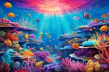 Obraz na płótnie Canvas Dive into this lively marine illustration, depicting a vibrant underwater world filled with corals and an array of colorful fish, capturing the beauty of the sea's ecosystem.