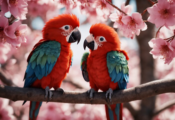 Couple of romantic red macaw parrots on branch. Generative AI