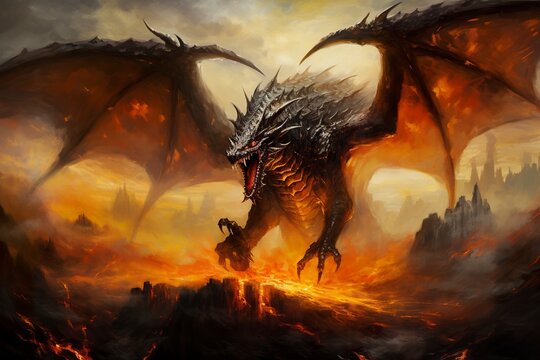 Amidst blazing chaos, the enraged dragon soars over the smoldering ruins of an ancient city, its malevolent presence casting a shadow of fear. © NS