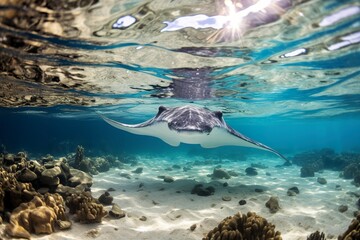  In this captivating underwater photograph, a graceful stingray glides through the crystal-clear, azure depths of the shallow ocean waters.