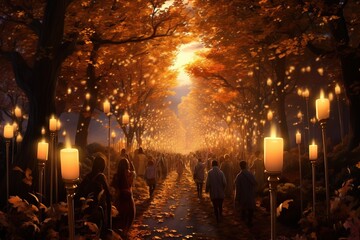 A procession of people holding candles and lanterns on a crisp autumn night, commemorating All Saints' Day, with golden leaves underfoot - obrazy, fototapety, plakaty