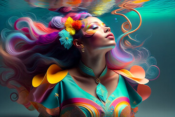 Fototapeta premium Underwater ink art of a beautiful cute woman (PNG 9600x6400)
