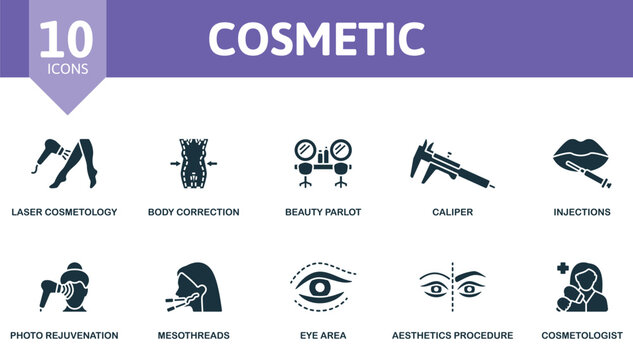 Cosmetic set. Creative icons: laser cosmetology, body correction, beauty parlor, calliper, injections, photo rejuvenation, mesothreads, eye area, aesthetics procedure, cosmetologist.