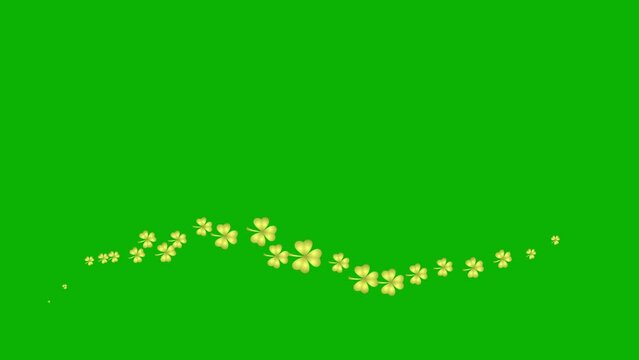 Animated golden symbol of leaf of clover. Icon of Іrish plant fly from left to right. A wave of clover. Concept of Patrick's Day. Looped video. Flat vector illustration isolated on white background.