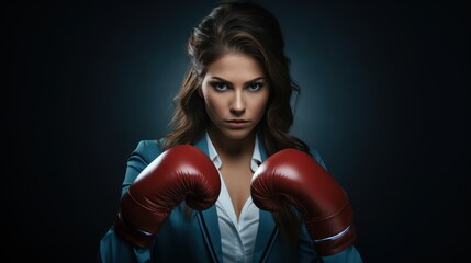 Serious businesswoman posing in red-coloured boxing gloves isolated on dark. Real leader in business suit looking at the camera.