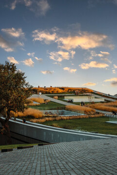 Sunset over the rolling landscape of Budapest Ethnography Museum