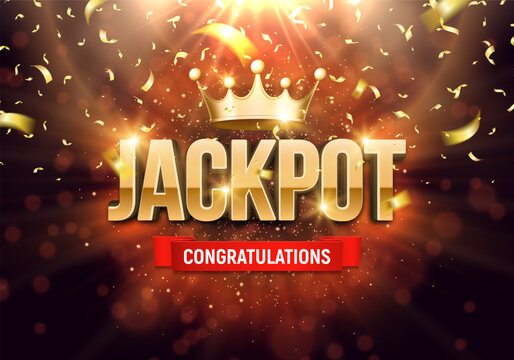 Shining sign Jackpot with gold crown and falling confetti on a bright background. Vector illustration.