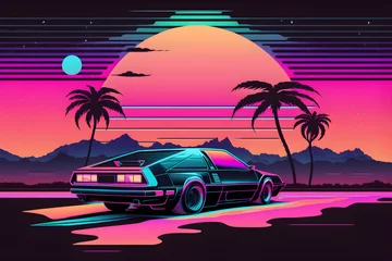 Gordijnen The futuristic retro landscape of the 80s. Illustration of the moon and car in retro style. Suitable for the design of the 80s style © Canvas Alchemy