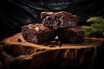 Close up of a Dark Chocolate Brownie over a Dark Background.
