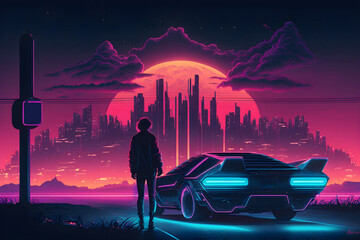 The futuristic retro landscape of the 80s. Illustration of the moon and car in retro style. Suitable for the design of the 80s style - obrazy, fototapety, plakaty