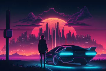 Rolgordijnen The futuristic retro landscape of the 80s. Illustration of the moon and car in retro style. Suitable for the design of the 80s style © Canvas Alchemy