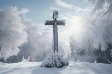 A stone cross monument, covered in fresh snow, standing steadfast in a tranquil cemetery during winter, with distant trees draped in white - obrazy, fototapety, plakaty